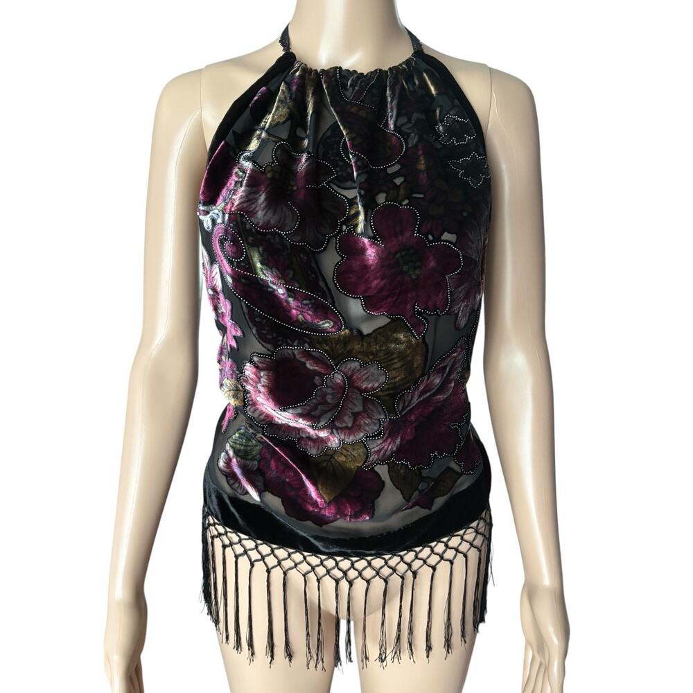 Upcycled Burnout Velvet Halter Top Floral Sheer Fringe Whimsigoth Festival S - Picture 2 of 7